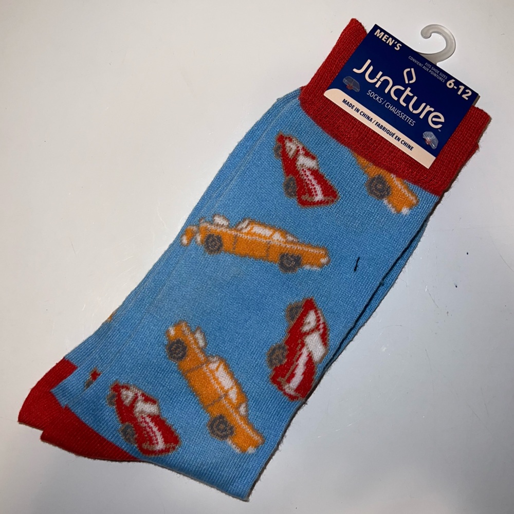 🧦 🛍️ 5/$20 - Men’s Juncture Novelty Socks with Red and Orange Car Design